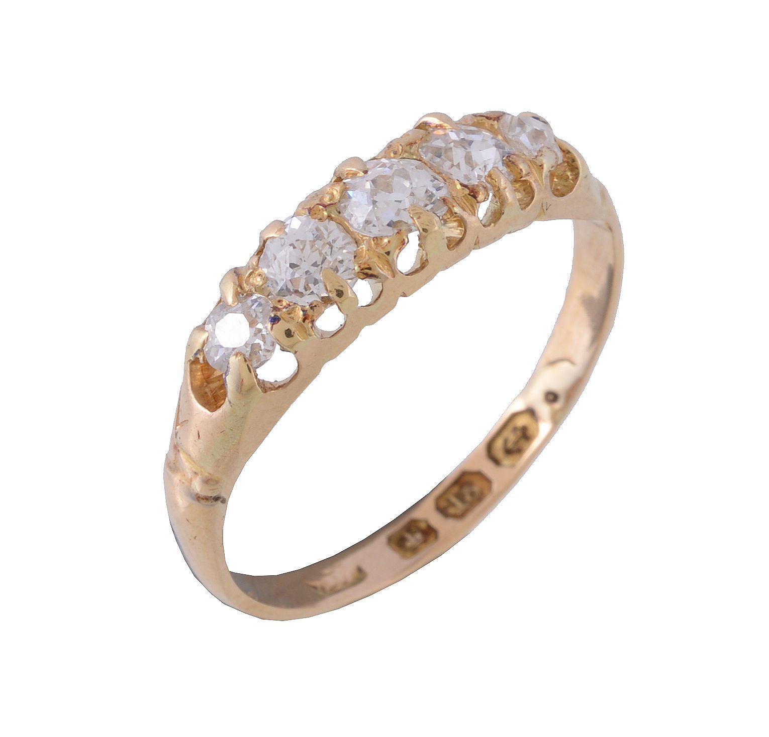 An early 20th century diamond five stone ring, set with graduating old brilliant cut diamonds,