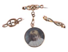 A late Victorian locket pendant, circa 1900, the oval miniature painted with a blonde child, with