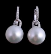 A pair of South Sea cultured pearl and diamond earrings, the 1.4cm South Sea cultured pearls set