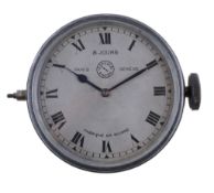 Jaeger, a white metal car clock, eight day movement, silvered dial, black Roman numerals, blued