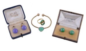 A small collection of jewellery, to include a chrysophrase set bangle, the polished pear shaped