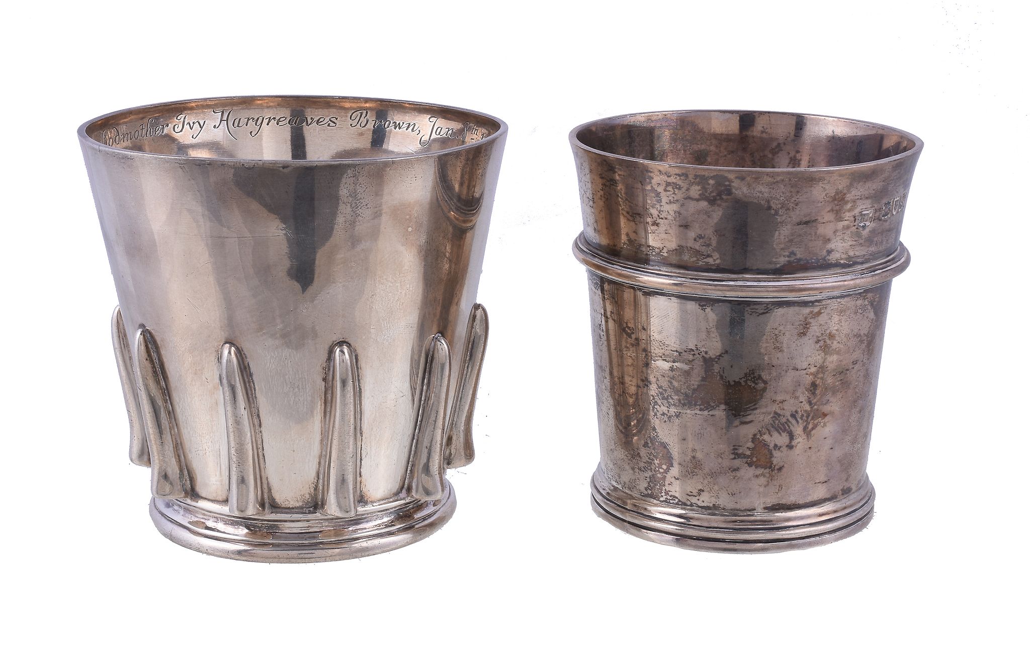 A silver beaker by Herbert Charles Lambert, London 1911, the body with a reeded girdle and engraved
