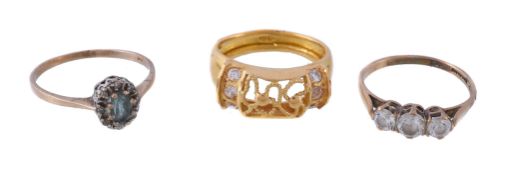 A white stone ring , the ring stamped 875, finger size K; together with a 9 carat gold blue and