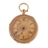 An 18 carat gold open face pocket watch, hallmarked Chester 1881, lever fusee movement, oversprung