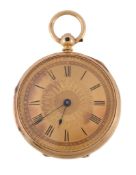 An 18 carat gold open face pocket watch, hallmarked Chester 1881, lever fusee movement, oversprung