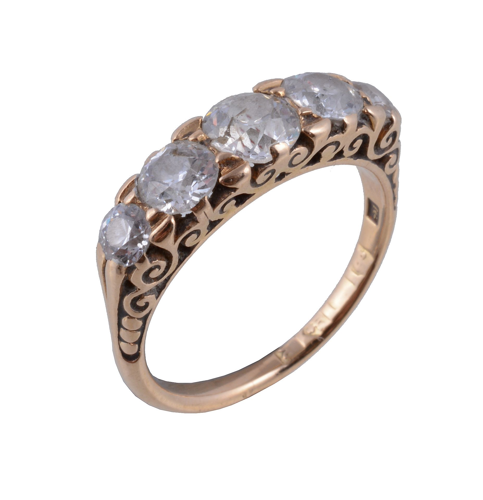 An early 20th century diamond five stone ring, the graduated old brilliant cut diamonds, estimated