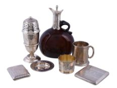 A collection of small silver, including: a Victorian silver collared brown glass carafe by Thomas