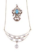 A moonstone necklace, the openwork crescent panel set with circular cut moonstones, suspending a