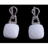 A pair of white agate and diamond earrings, the square shaped faceted white agate drops below