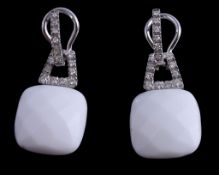 A pair of white agate and diamond earrings, the square shaped faceted white agate drops below