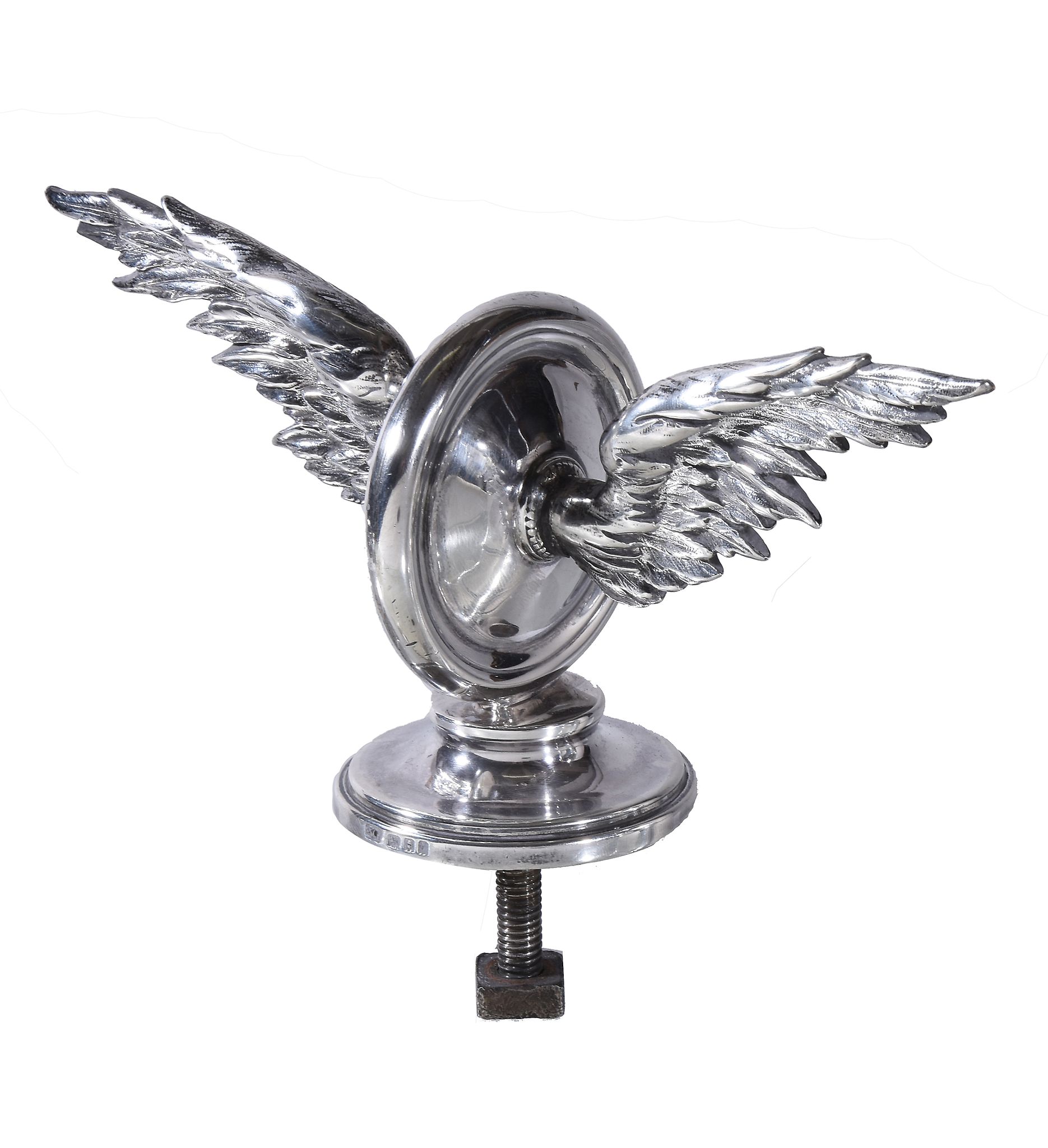 A rare silver car mascot by Garrard & Co. Ltd, London 1919, formed as a winged wheel, 20cm (8in) - Image 2 of 2