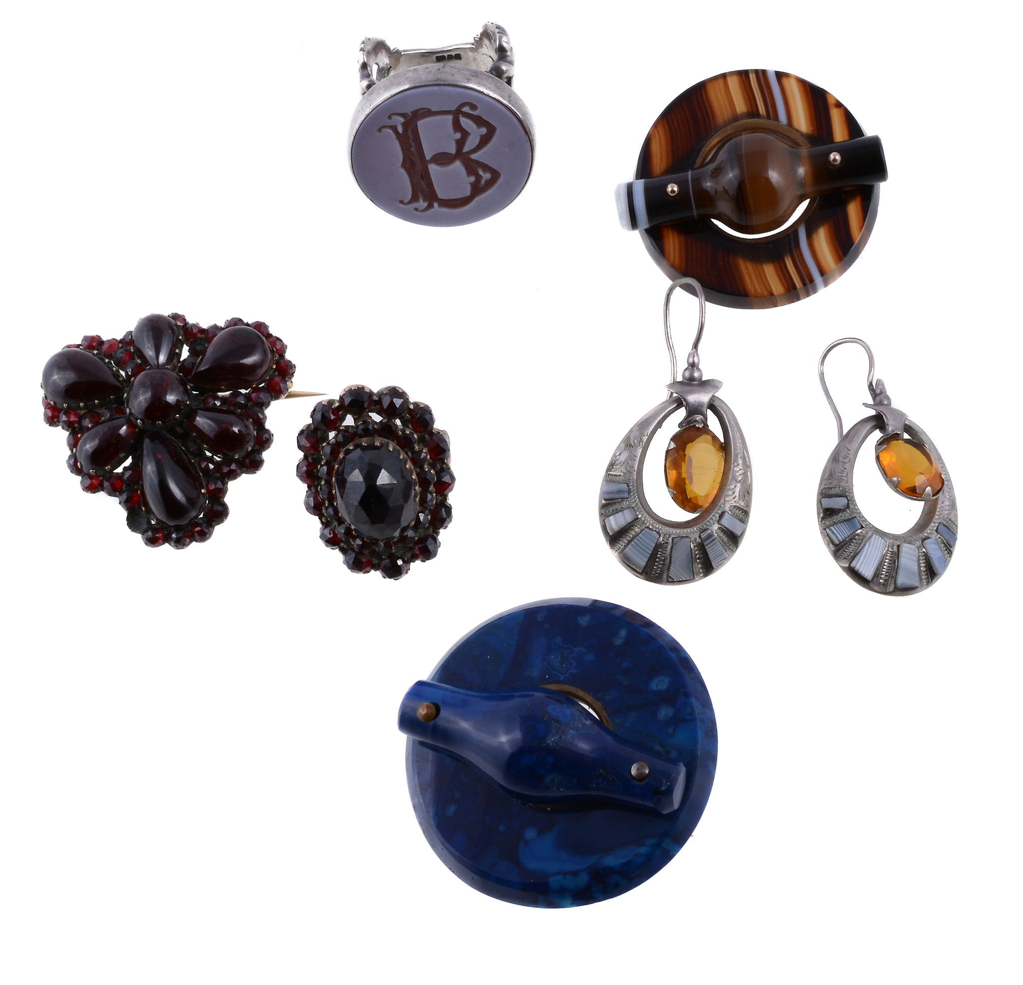 A small collection of antique hardstone jewellery , to include a pair of Scottish hardstone ear