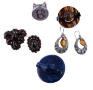 A small collection of antique hardstone jewellery , to include a pair of Scottish hardstone ear