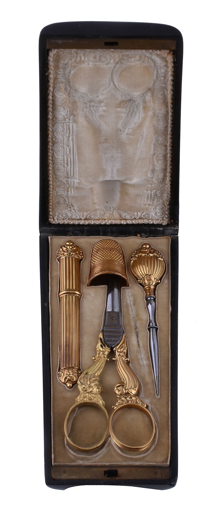 Ω A French gold mounted five piece sewing etui, circa 1860, comprising: a scissors, thimble, needle - Image 2 of 2
