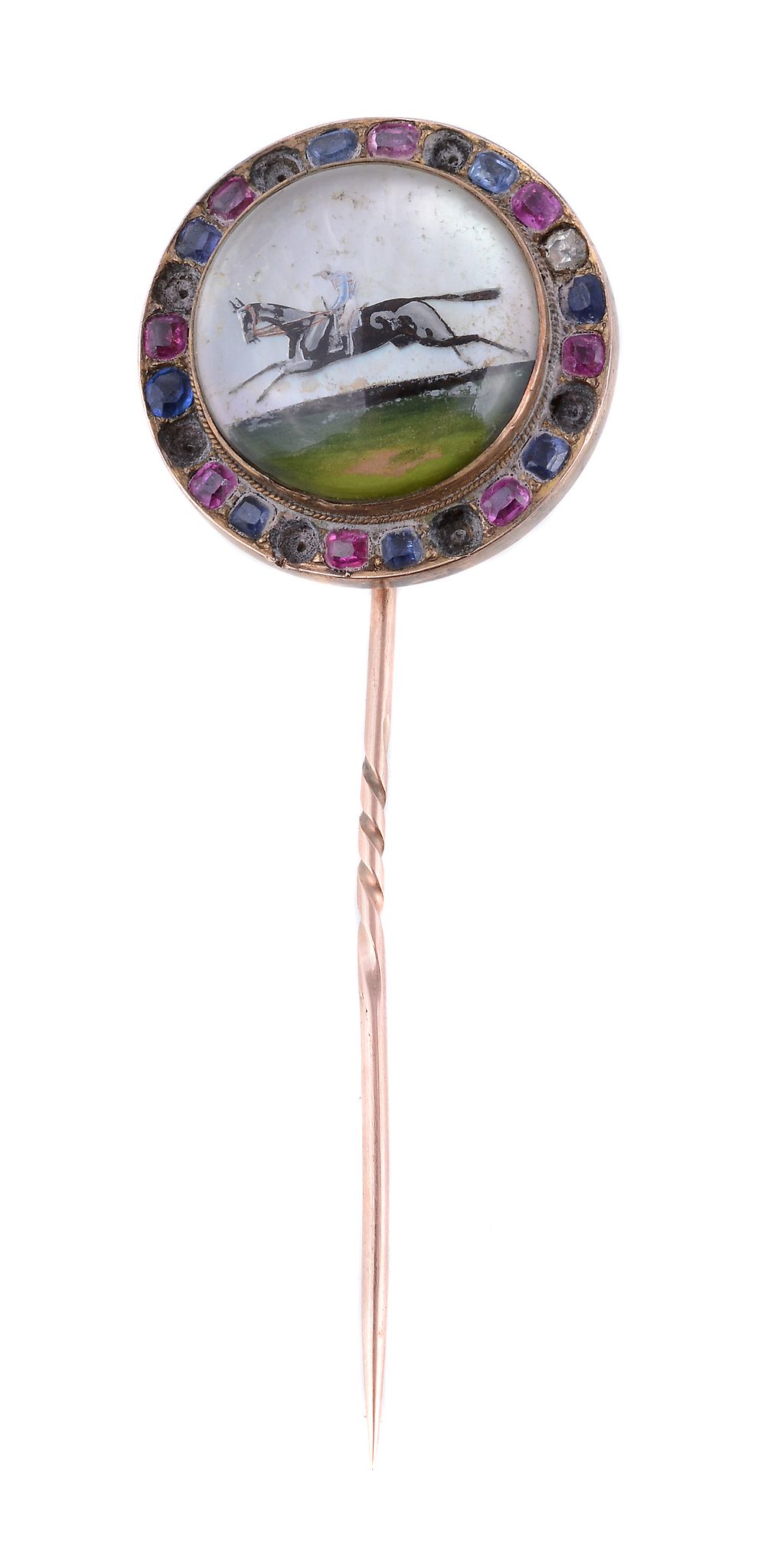 A late 19th century equestrian interest reverse painted intaglio stick pin , circa 1890, the