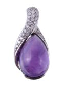 An amethyst and diamond pendant, the pear shaped cabochon, set below a brilliant cut diamond set