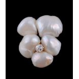 A late Victorian freshwater pearl and diamond pansy brooch, circa 1900, the baroque freshwater