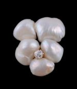 A late Victorian freshwater pearl and diamond pansy brooch, circa 1900, the baroque freshwater