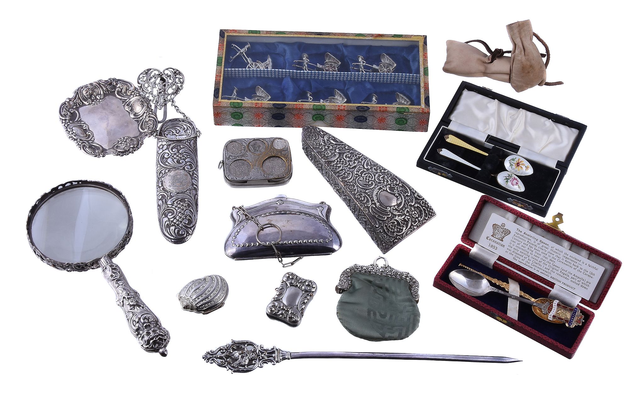 A collection of small silver and base metal wares, including; a late Victorian silver mounted case