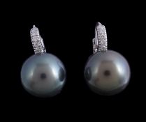 A pair of Tahitian cultured pearl earrings, the 1.4cm Tahitian cultured pearls set below a