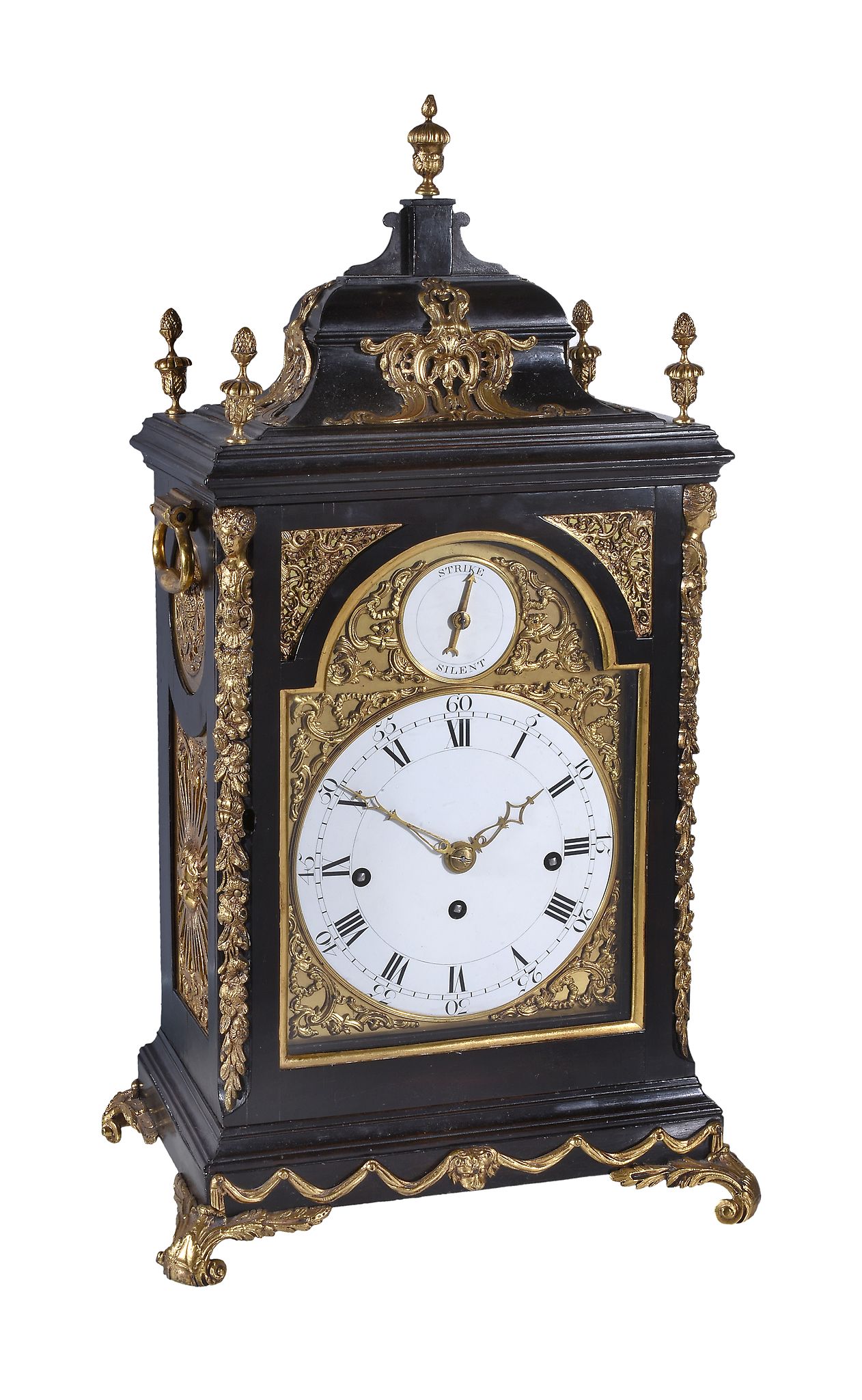 A fine George III gilt brass mounted ebonised quarter-chiming table clock with enamel dials Robert