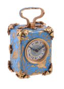 A fine miniature engraved gilt brass and blue champlevé enamel Japonesque carriage timepiece