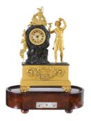 A French Empire ormolu and patinated bronze small figural mantel timepiece with musical stand The