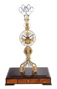 An English engraved gilt brass scissors twin-pendulum skeleton timepiece with calendar John