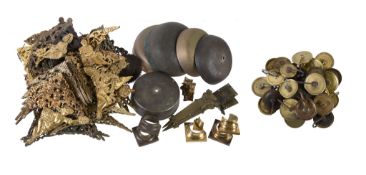 A quantity of longcase clock spandrels, case fittings, pulley wheels and bells Anonymous, mainly