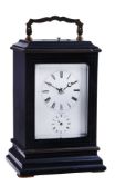 A Swiss brass inlaid ebonised carriage clock with push-button repeat and alarm The dial signed for