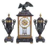 A French bronze, gilt brass and serpentine marble mantel clock garniture Japy Freres, Paris, late