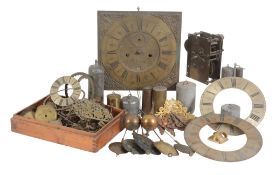 A quantity of English longcase and lantern clock table clock parts Anonymous, early 18th century