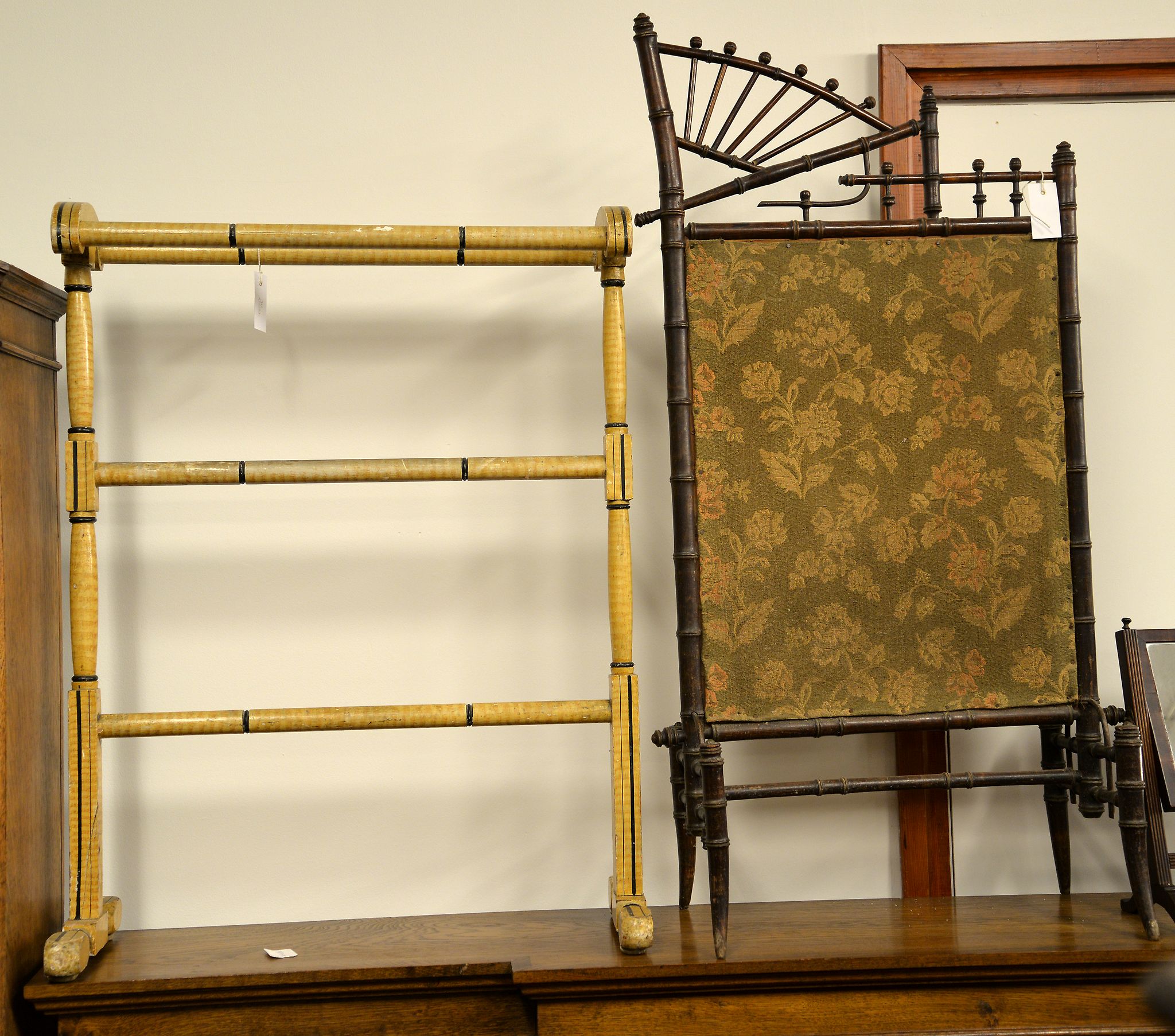 A late 19th century simulated bamboo fire screen, in Brighton Pavilion taste, and a painted