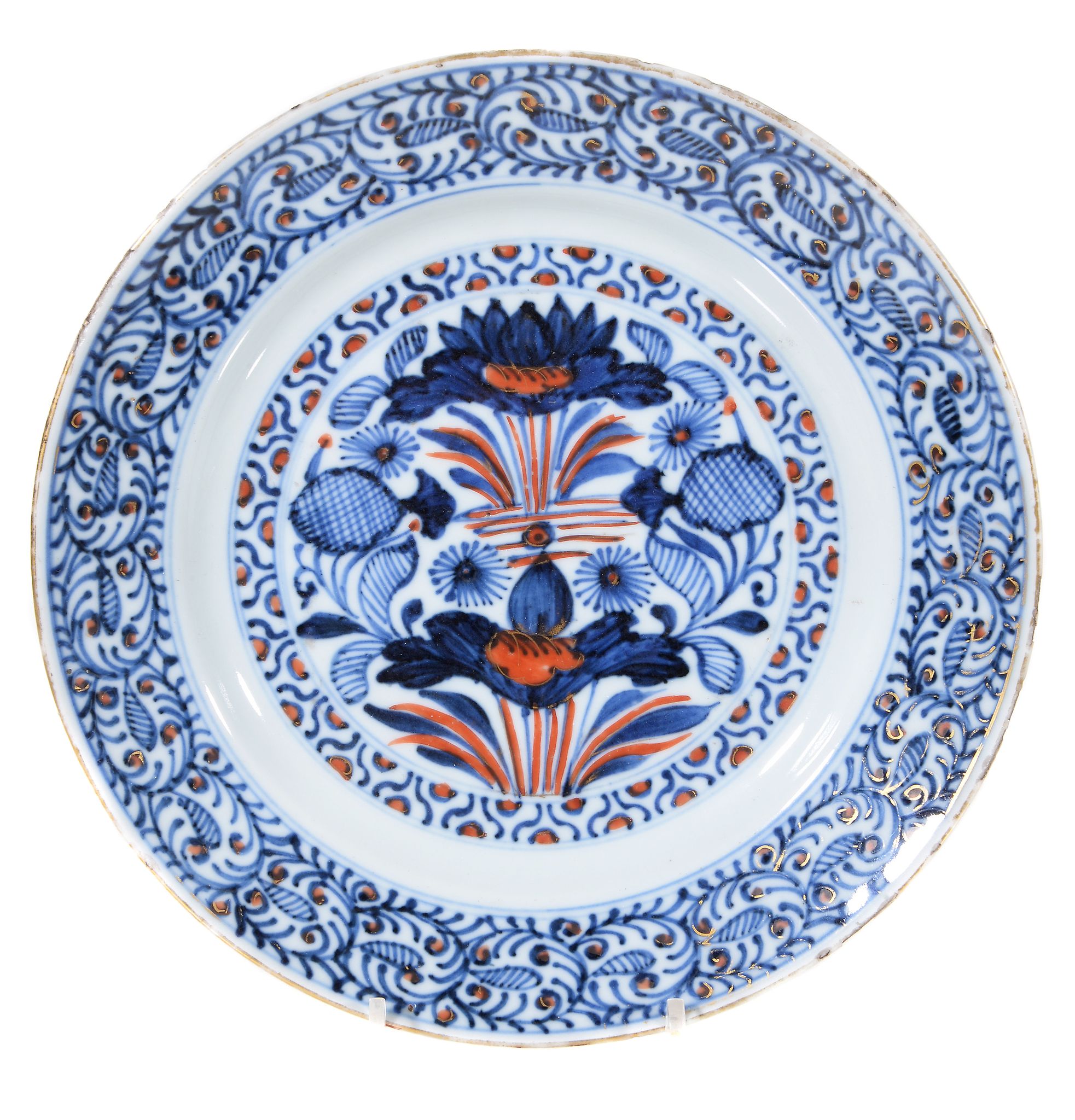 A pair of Chinese Imari plates, Kangxi, painted with lotus flowers, within stylised floral - Image 5 of 6