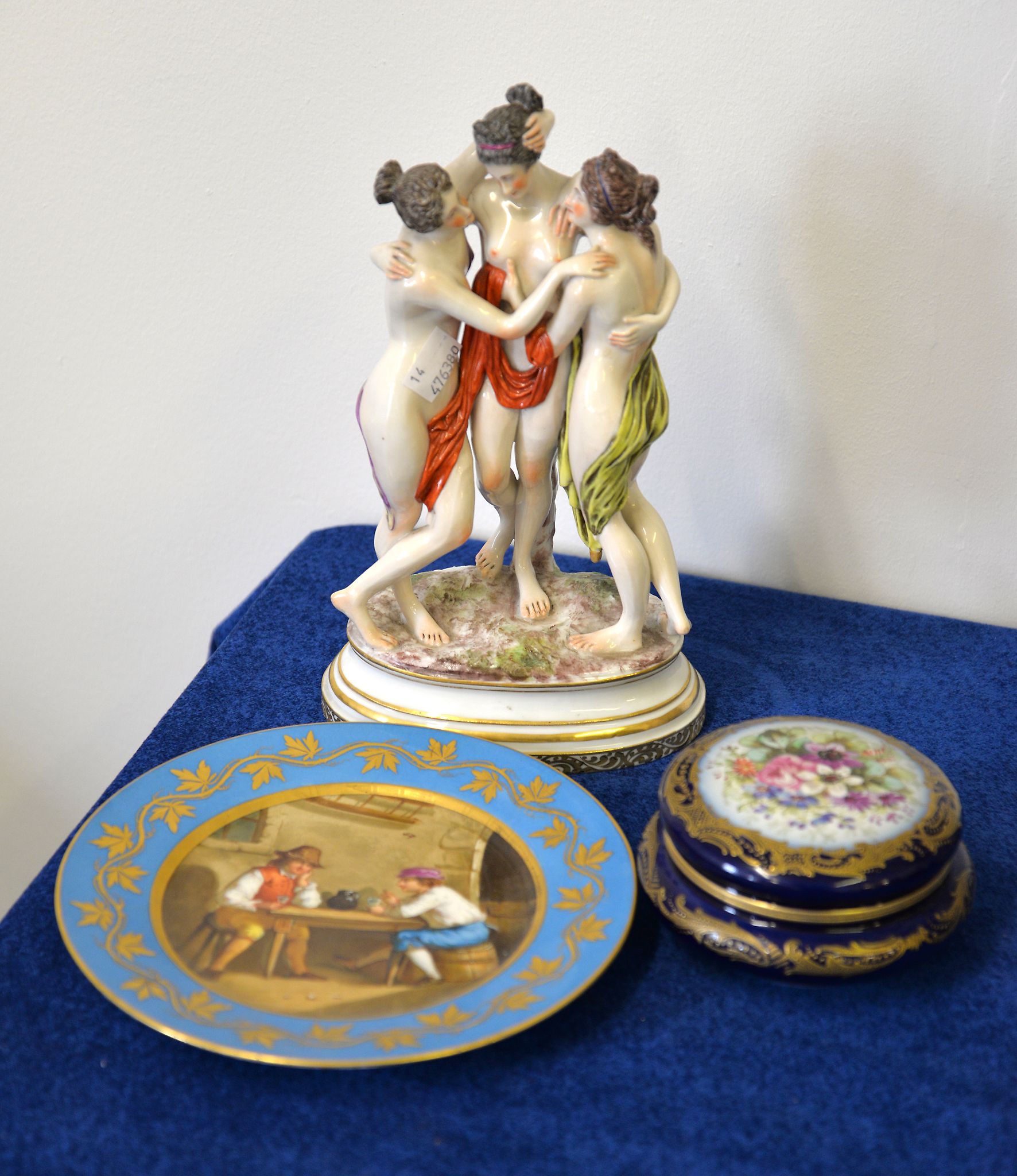 A Sevres-style round blue-ground box and cover, a Limoges Sevres-style plate and a Naples-style