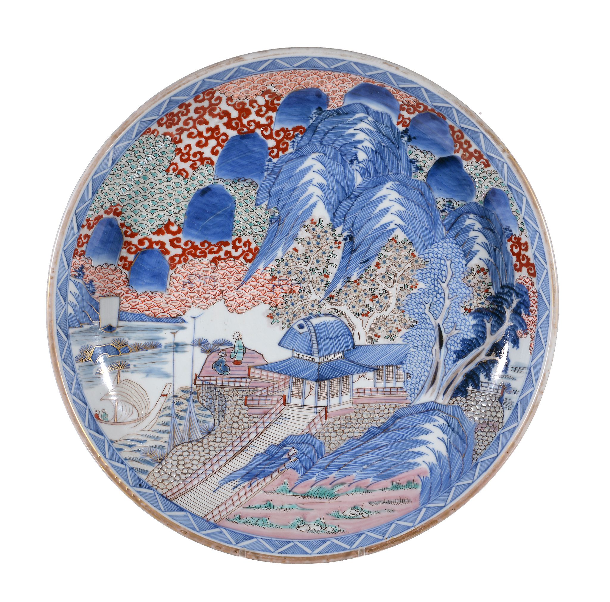 An Arita Porcelain Charger, of dished, circular form, decorated in underglaze blue, enamels and