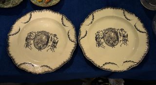 A pair of late 18th century creamware plates printed in black with Britannia, and inscribed 'Let
