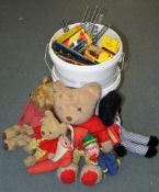 A collection of assorted toys including teddy bears, toy cars, railway, etc