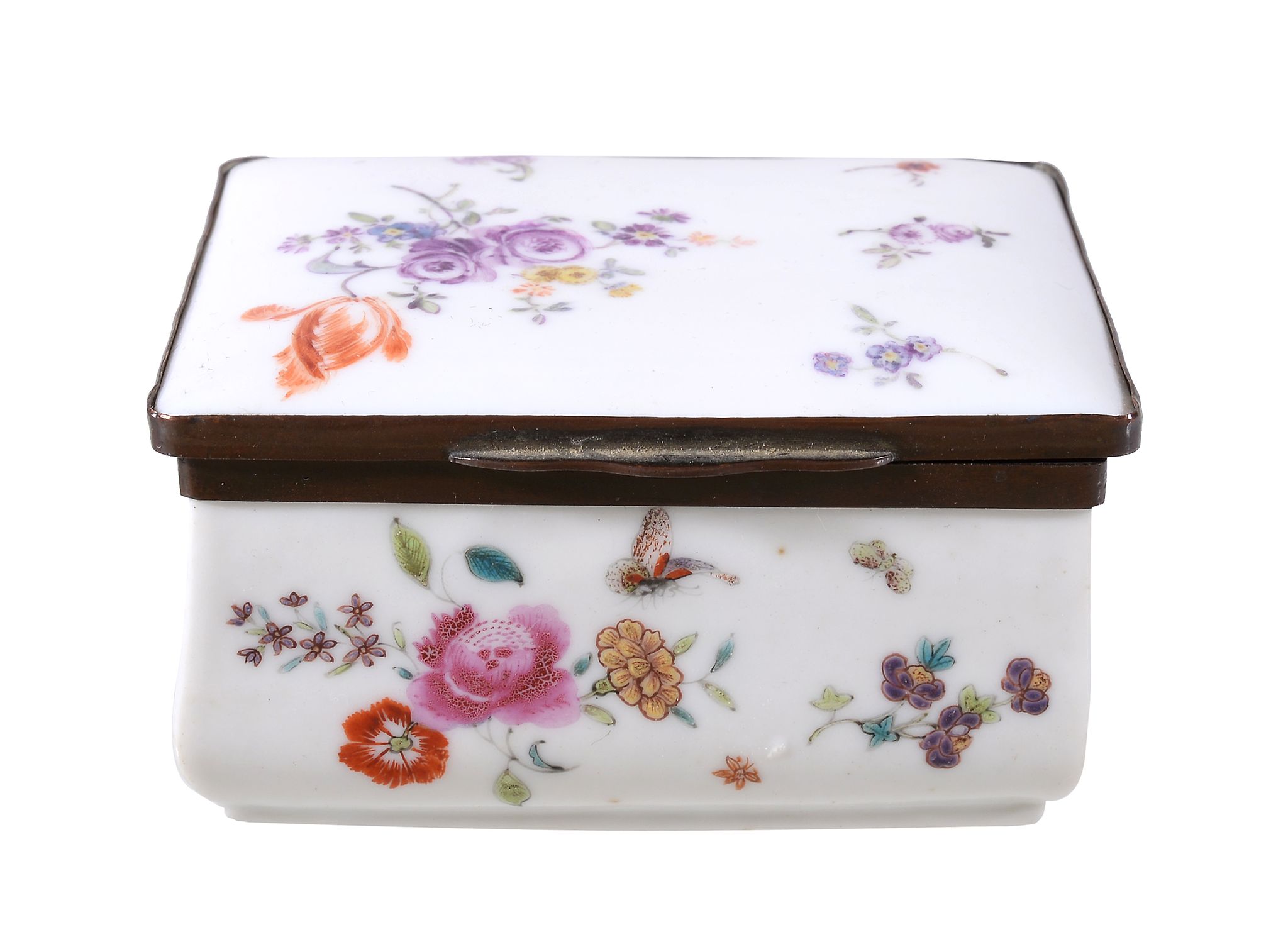 A Chinese Export Famille Rose snuff box and cover, the base18th century, the base painted with