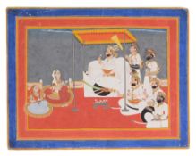 An Indian painting of a Ruler, Jodhpur, Rajasthan, circa 1800, the ruler seated under a canopy on