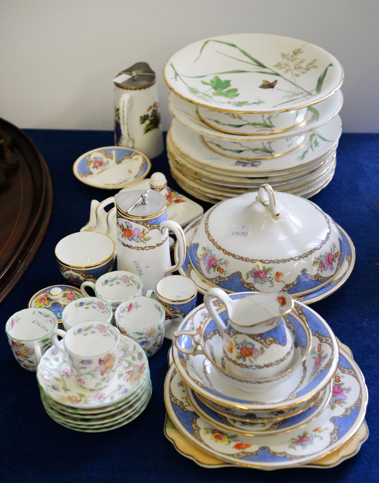 A Minton part dessert service painted with grasses and insects, and other items