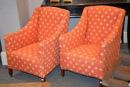A pair of mahogany and upholstered tub armchairs, 20th century, with later upholstery