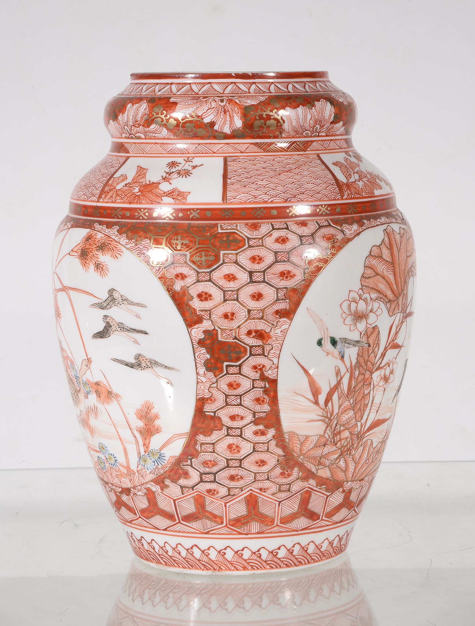 A Kutani Porcelain Vase, the tapered ovoid body with a stepped shoulder and broad garlic mouth, - Image 2 of 3