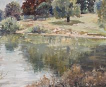 British School (20th century) A river landscape Oil on board 48.5 x 59cm (19 x 23 1/4in.)