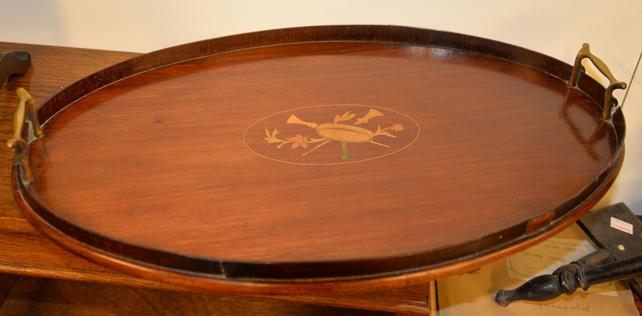 An early 20th century mahogany and inlaid tray in George III style and a dressing mirror