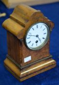 A Victorian walnut mantel timepiece with white enamel Roman numeral dial and Breguet hands , 22cm (8