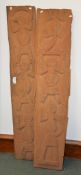 Two wooden carved panels in the manner of Aboriginal examples, depicting figures and animals, each