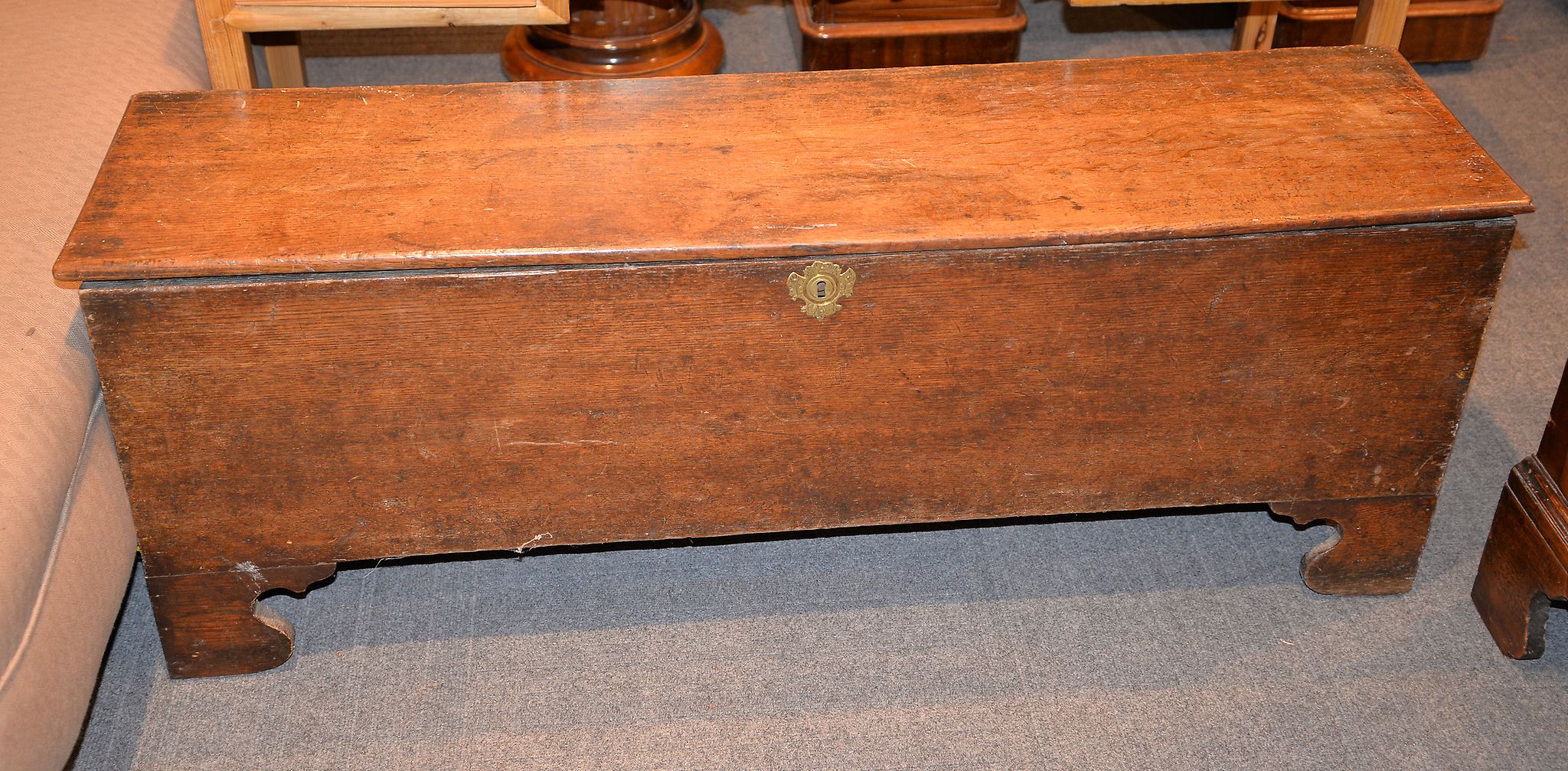 An oak blanket box in 17th century style, possibly incorporating some period elements, 46cm x