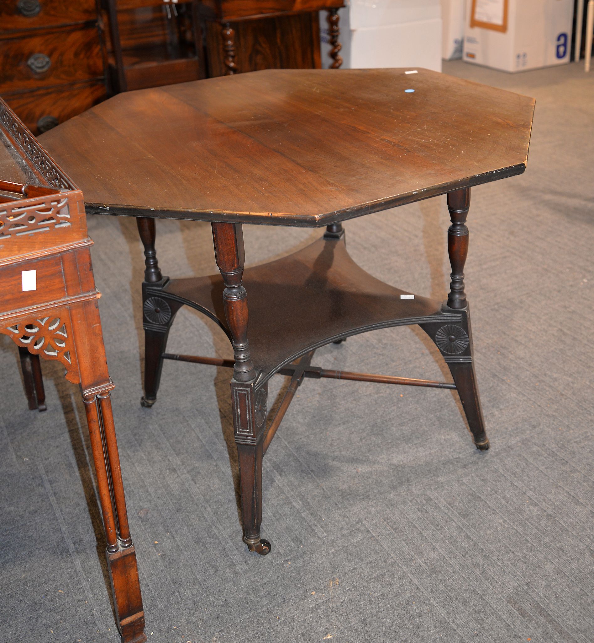 An Aesthetic Movement walnut octagonal occasional table, 70cm high, 89cm x 88cm Provenance: Hall