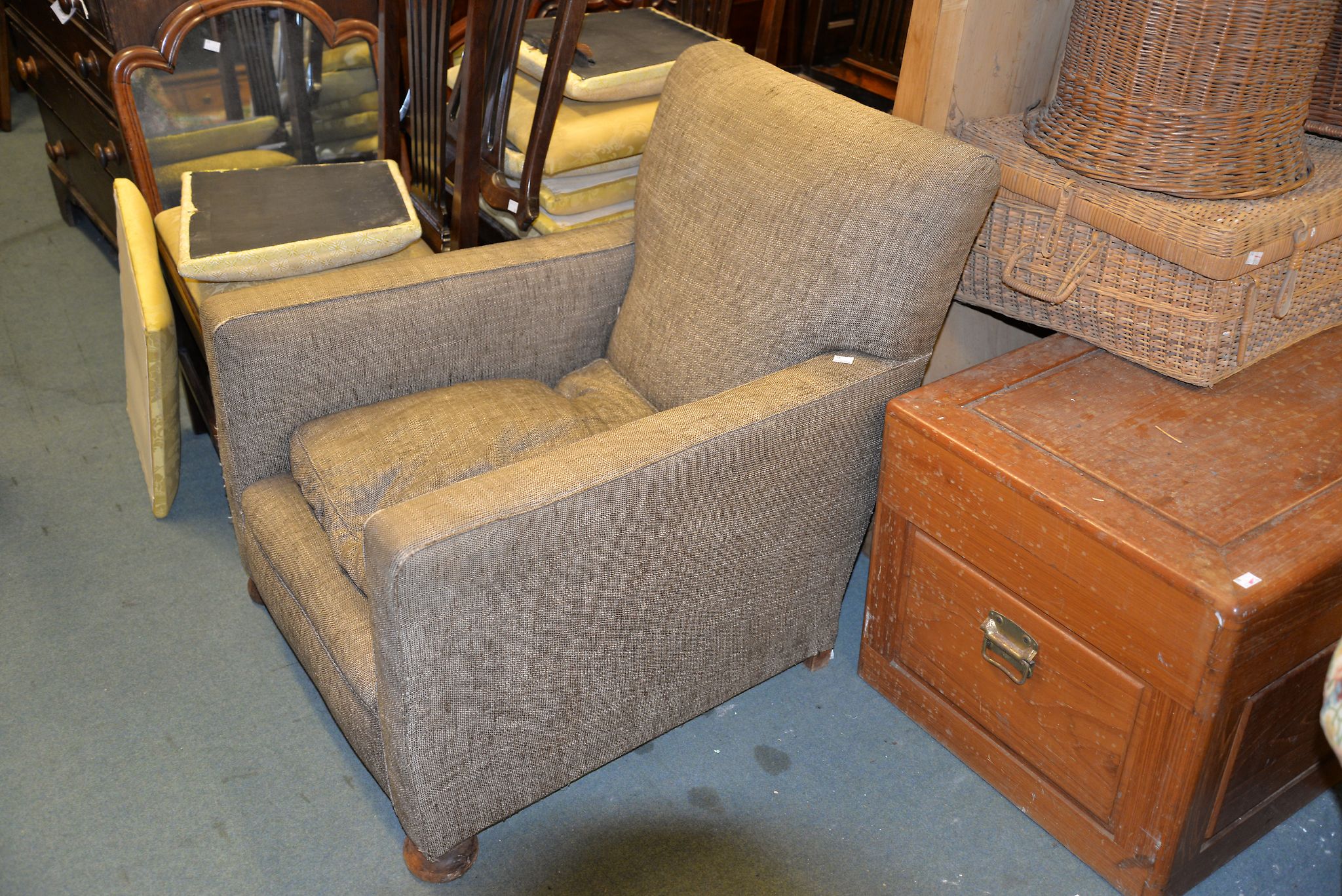 AVictorian carved walnut and upholstered spoonback armchair, and an oatmeal upholstered armchair - Image 2 of 2